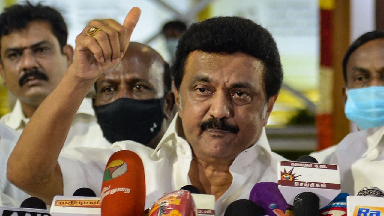 Chief Minister elect of Tamil Nadu MK Stalin of Dravida Munnetra Kazhagam (DMK) party, gestures as he delivers a speech during a press conference after winning the Tamil Nadu State election. Credit: PTI photo