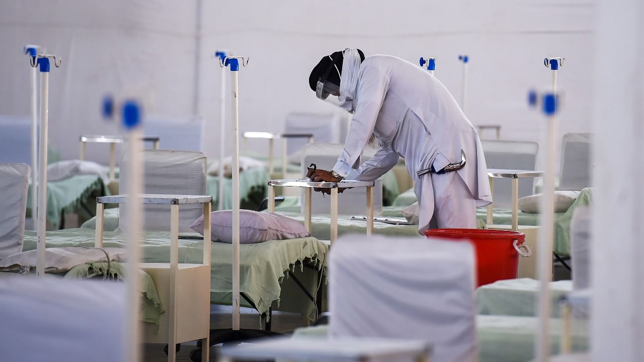 An under-construction temporary Covid-19 Care Centre, at Gurudwara Rakab Ganj Sahib in New Delhi, Monday, May, 3, 2021. Credit: PTI Photo