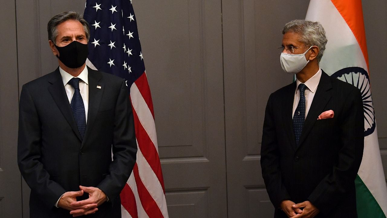 Jaishankar met US Secretary of State Antony Blinken in-person, with both wearing masks. Credit: AP Photo