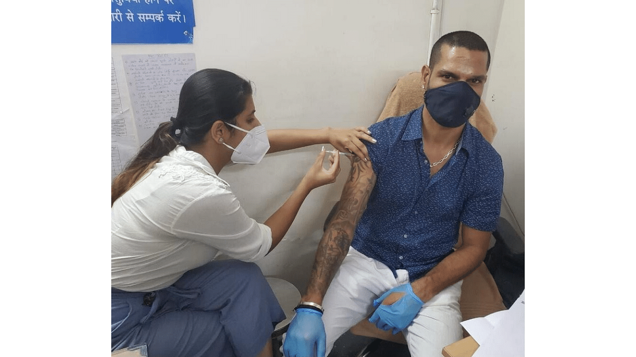 Shikhar Dhawan receiving the Covid-19 vaccine. Credit: Twitter/@SDhawan25