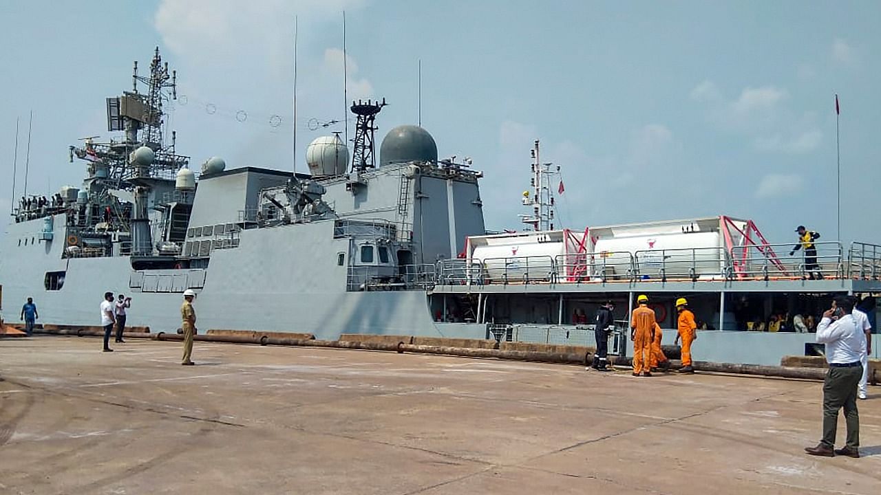 INS Talwar has already entered New Mangalore port in Karnataka on Wednesday, ferrying two 27 tonnes liquid oxygen tanks from Bahrain. Credit: PTI photo/Navy PRO