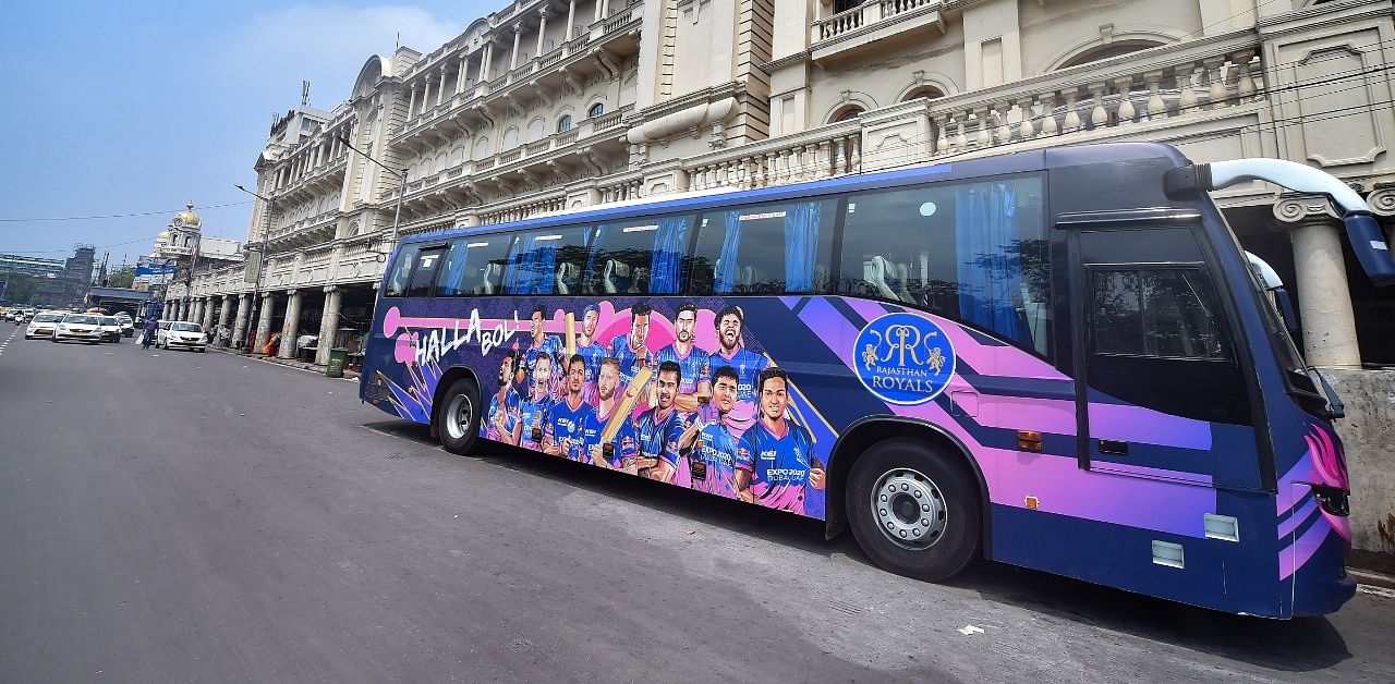 Rajasthan Royals team bus parked outside a city hotel in Kolkata. Credit: PTI Photo