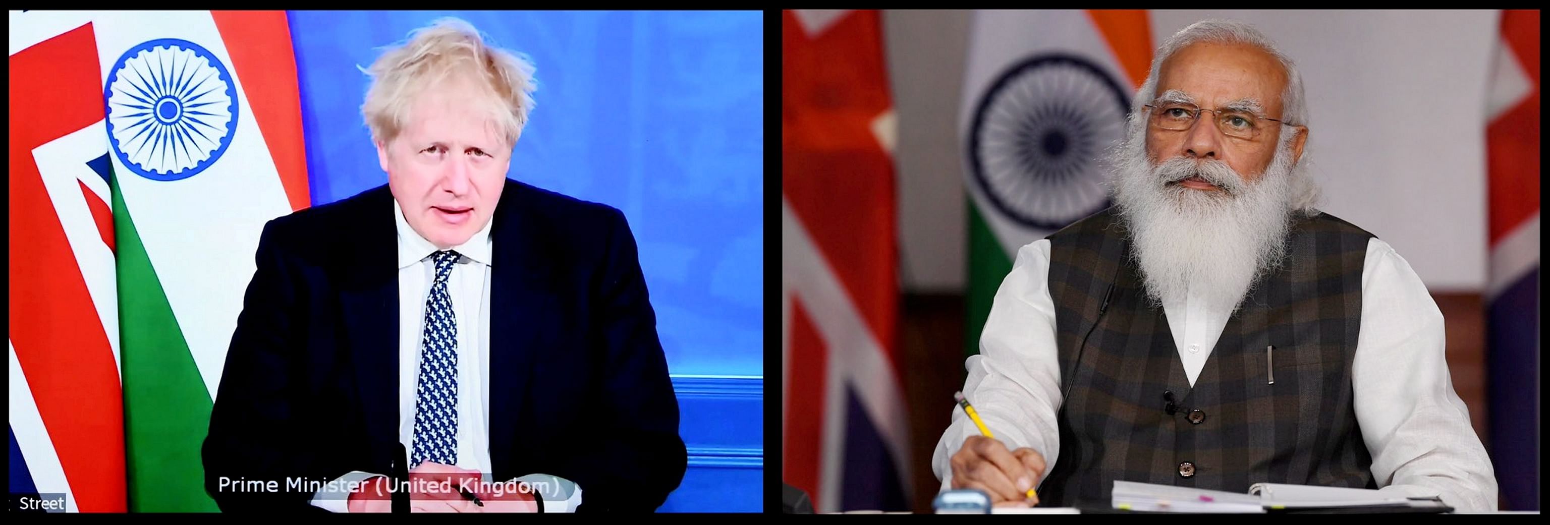 UK Prime Minister Boris Johnson and Indian Prime Minister Modi. Credit: PTI Photo