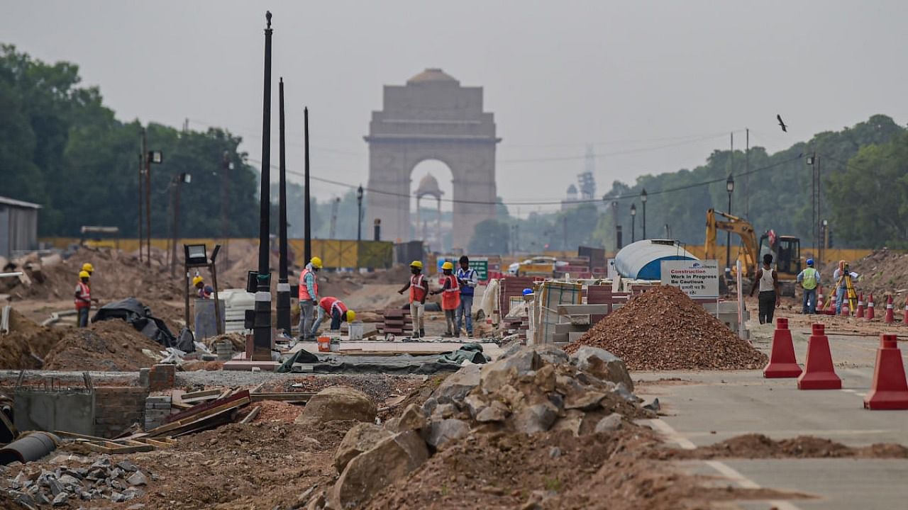 Construction work underway as part of the Central Vista Redevelopment Project at Rajpath in New Delhi. Credit: PTI Photo