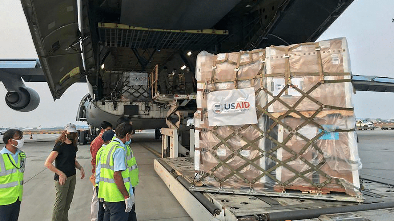 Oxygen generating plant, rapid testing kits and other medical supplies arrive from USA, in New Delhi. Credit: PTI Photo