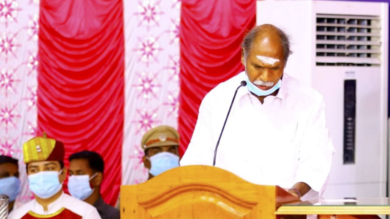 Puducherry NR Congress leader N Rangasamy being sworn-in Puducherry Chief Minister, at a ceremony in Puducherry, Friday, May 7, 2021. Credit: PTI Photo