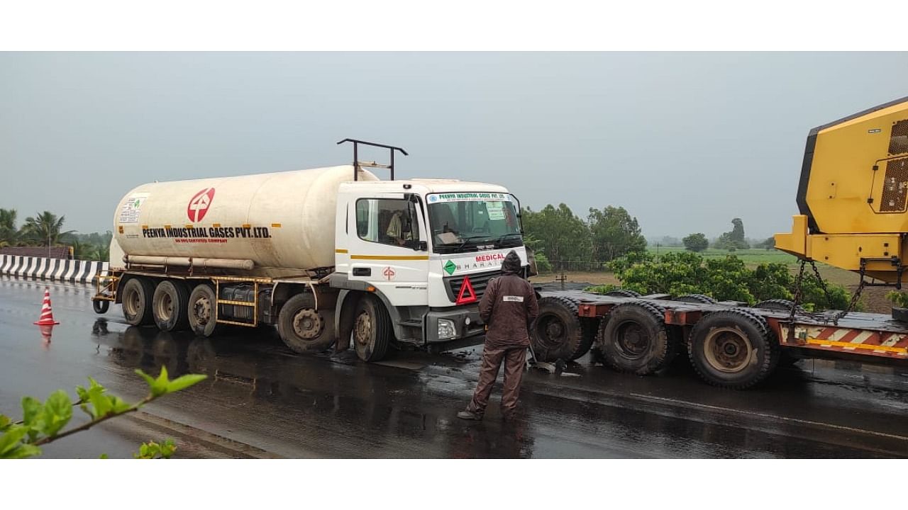 It was not known if the tanker collided with another heavy goods vehicle while attempting to overtake the latter. credit: DH Photo/Shivanand Patil