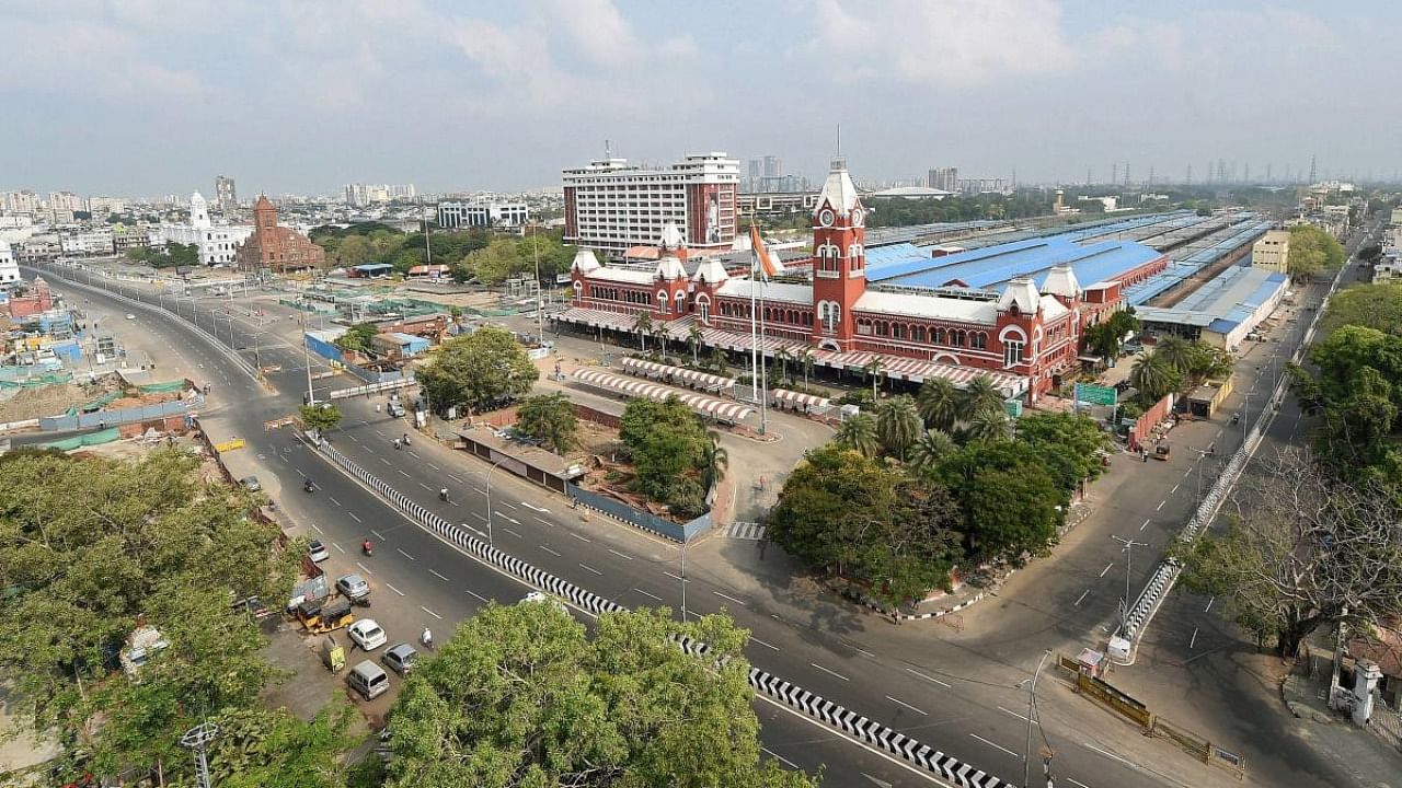  A city street wears a deserted look during Covid-induced lockdown, in Chennai. Credit: PTI Photo