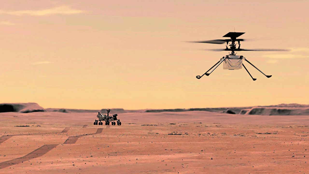 Mars Helicopter Ingenuity during a test flight on Mars. Credit: AFP File Photo