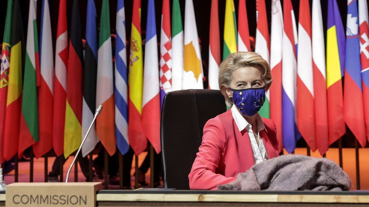 European Commission President Ursula von der Leyen attends a round table meeting in the framework of the European Social Summit in Porto. Credit: AFP Photo