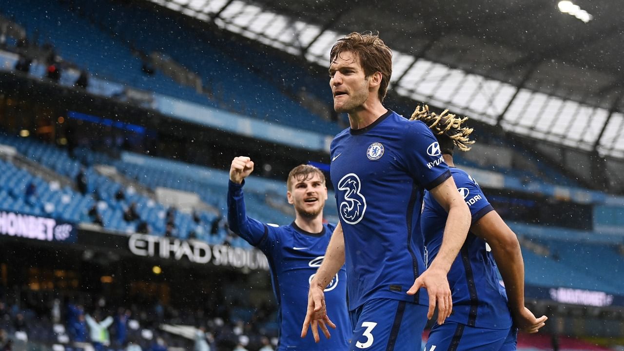 Chelsea's Marcos Alonso celebrates scoring their second goal in a 2-1 win over hosts Manchester City at the Etihad Stadium. Credit: Reuters Photo