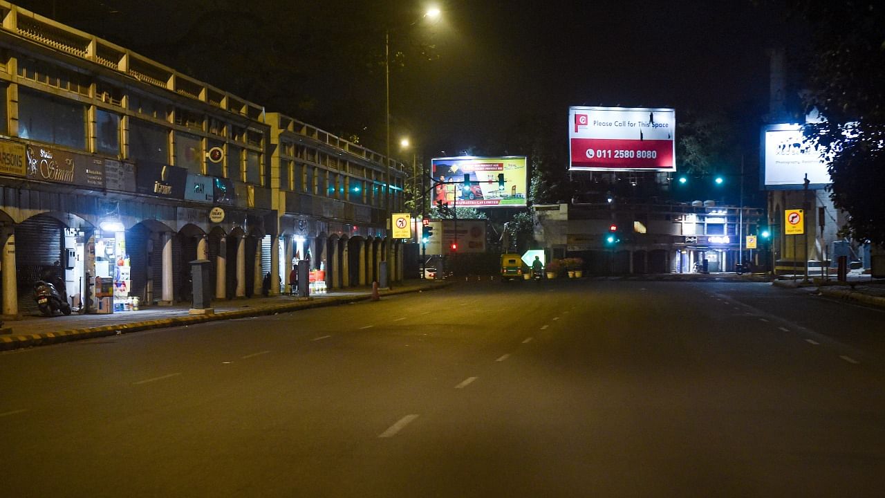 Connaught Place wears a deserted look during Covid-induced lockdown in New Delhi. Credit: PTI Photo