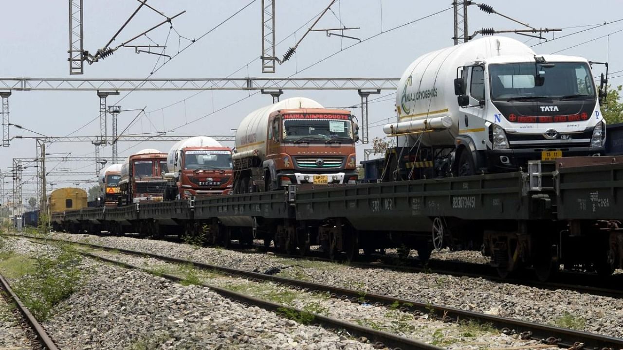  Oxygen tankers are seen on a special train 'Oxygen Express'. Credit: AFP Photo