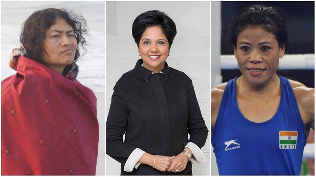 Irom Chanu Sharmila, Indra Nooyi and Mary Kom. Credit: Wikimedia Commons, Twitter and AFP