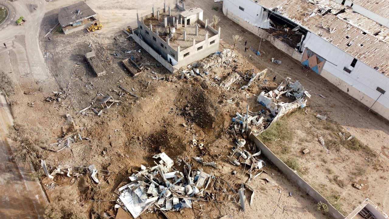 A picture taken with a drone shows the site of an Israeli air strike in Gaza City. Credit: Reuters Photo
