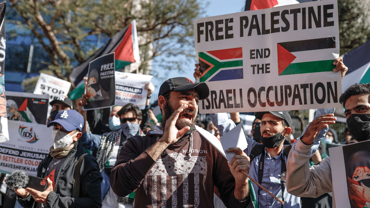 Demonstrators gather outside of the Israel Trade office in Sandton, Johannesburg. Credit: AFP Photo