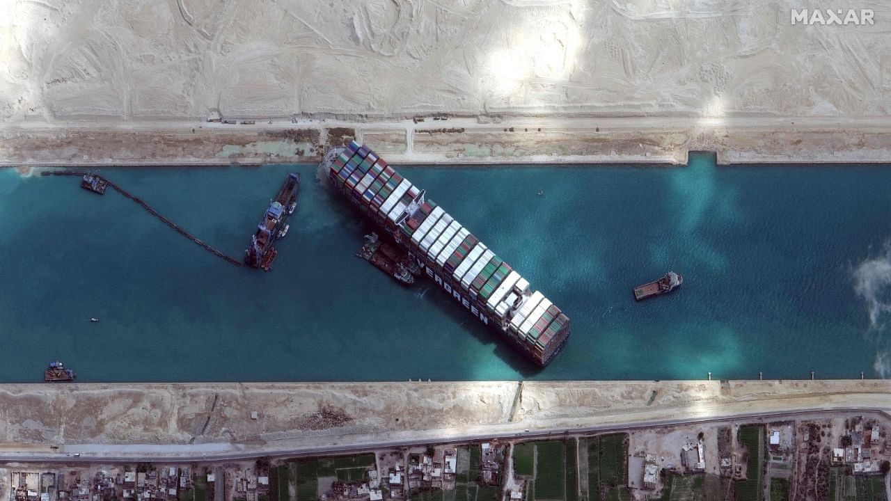 The Ever Given, had ran aground in the single-lane stretch of the canal before it was extracted six days later. Credit: AFP File Photo