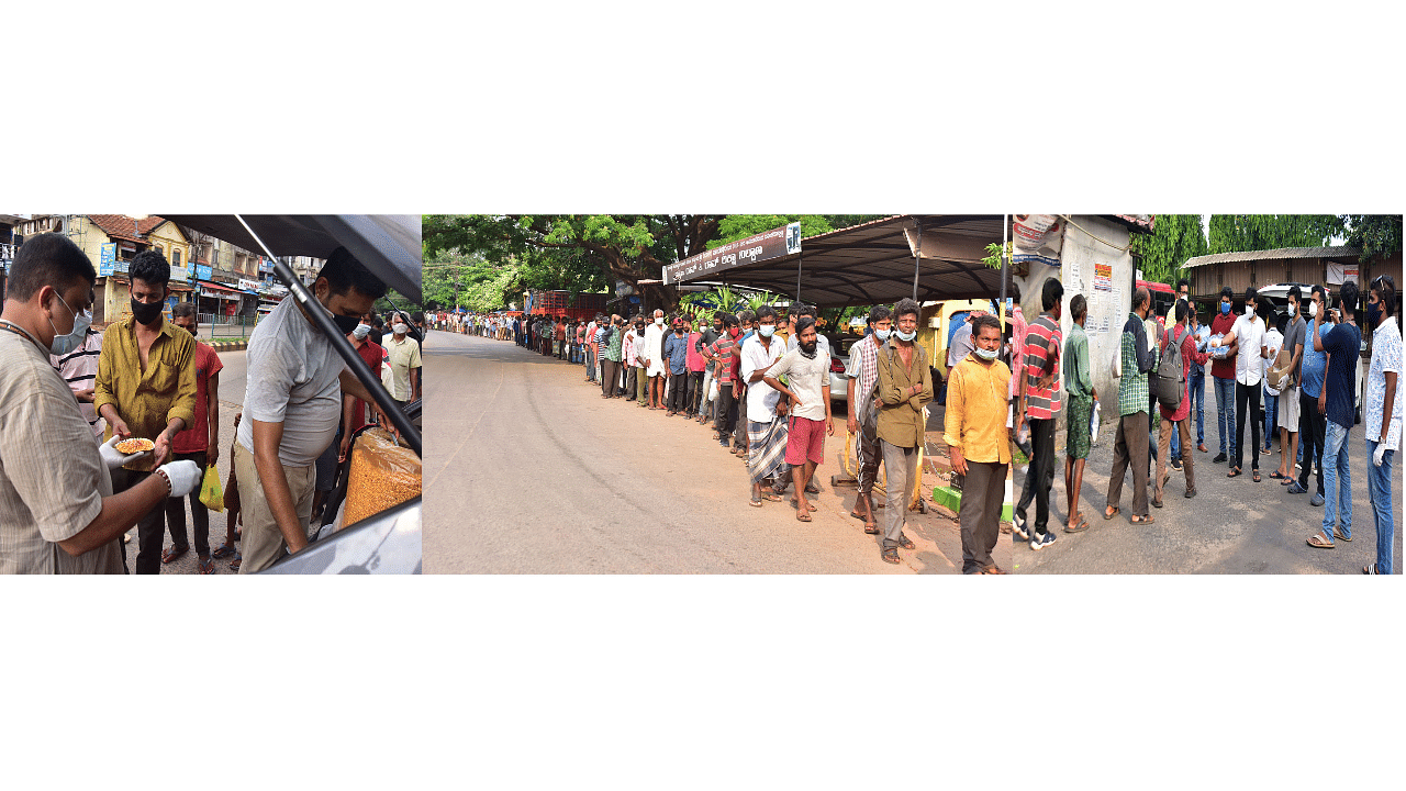 Volunteers offering food to the poor and needy in Mangaluru. Credit: DH Photo