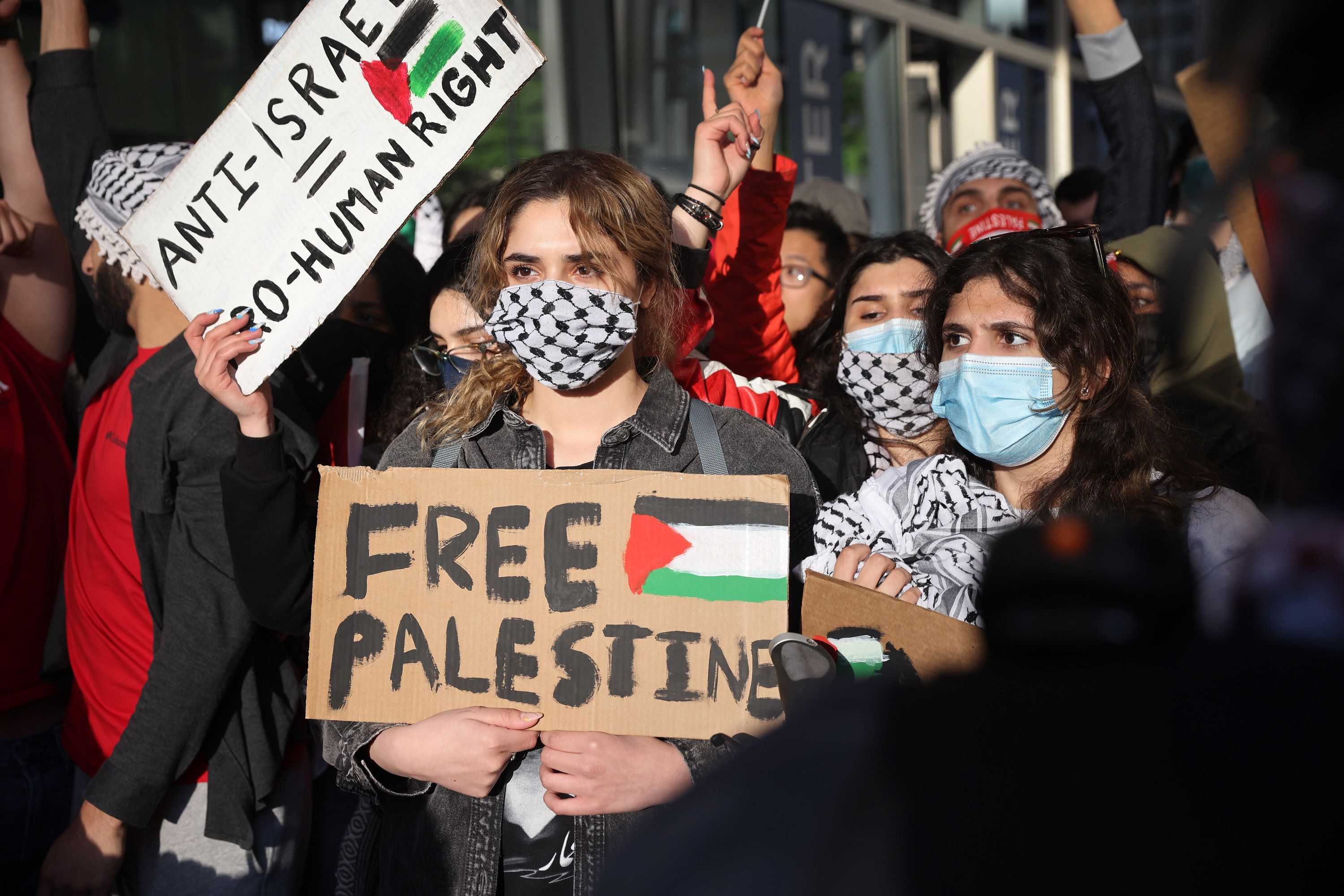 Thousands of people demonstrate outside of a building that houses the Israeli consulate to protest Israeli airstrikes in the Gaza Strip. Credit: AFP Photo