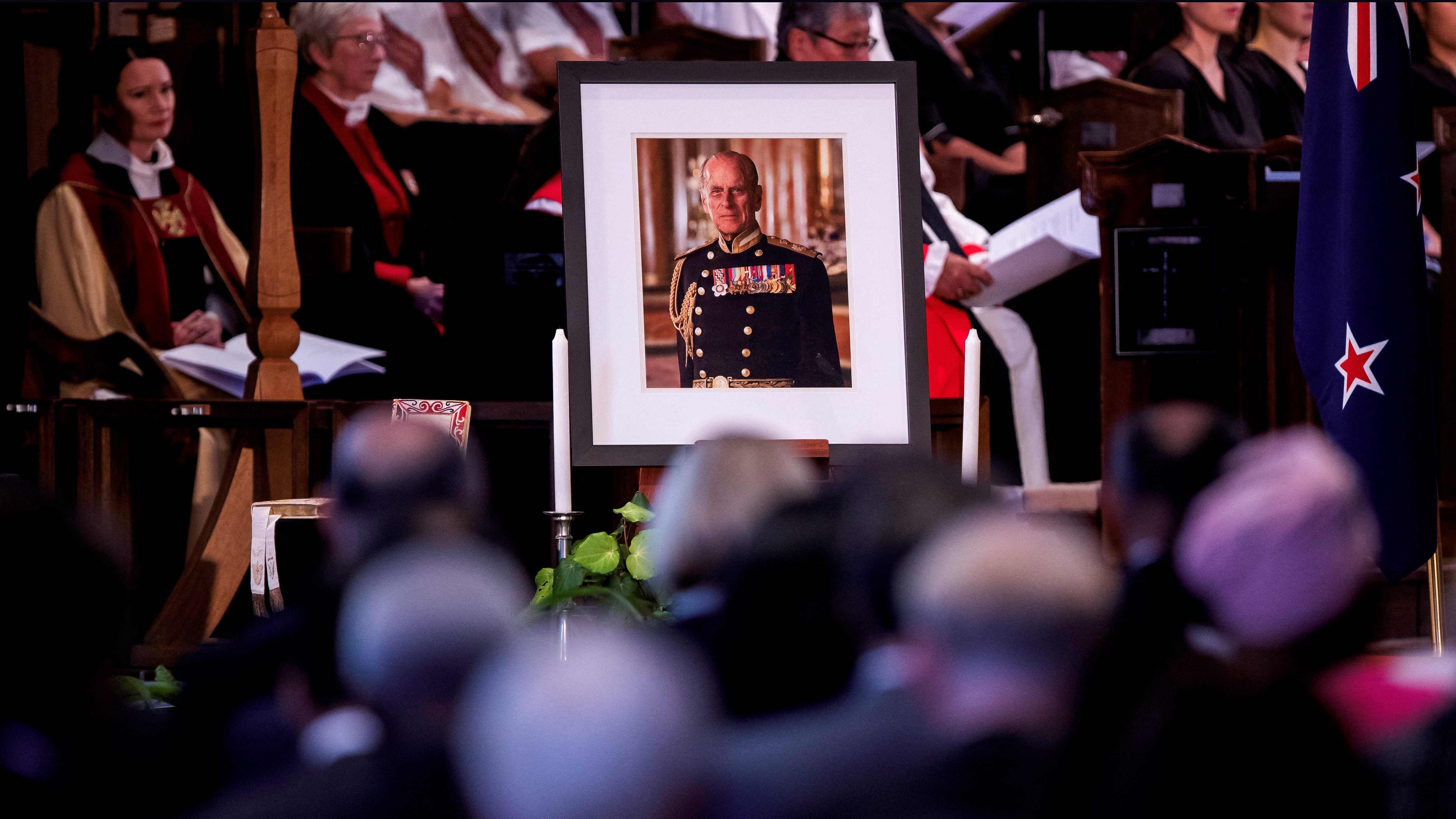 A portrait of Britain's Prince Philip, Duke of Edinburgh is seen during the New Zealand State Memorial Service at the Wellington Cathedral Of St Paul, in Wellington. Credit: AFP File Photo