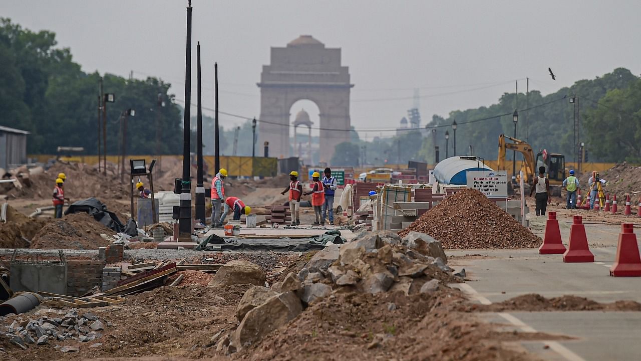 Construction work underway as part of the Central Vista Redevelopment Project, at Rajpath in New Delhi. Credit: PTI File Photo