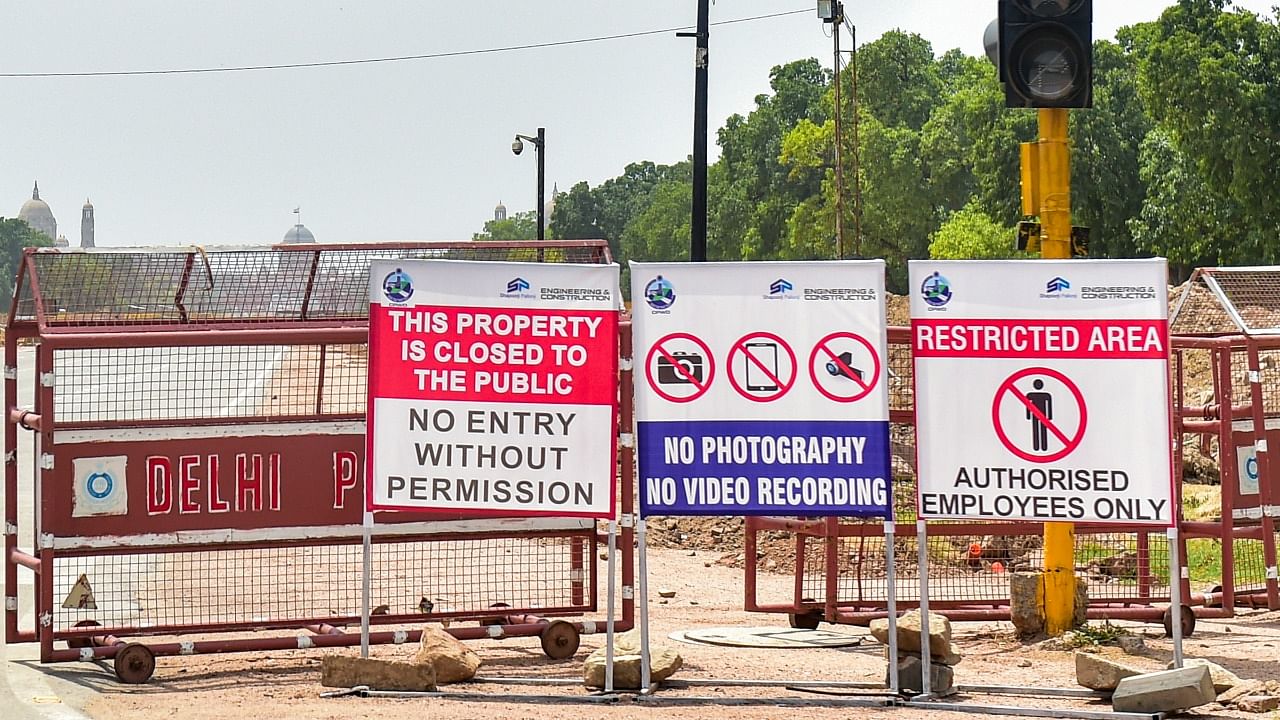 No photography sign board put at the construction site of Central Vista Project, in New Delhi. Credit: PTI Photo