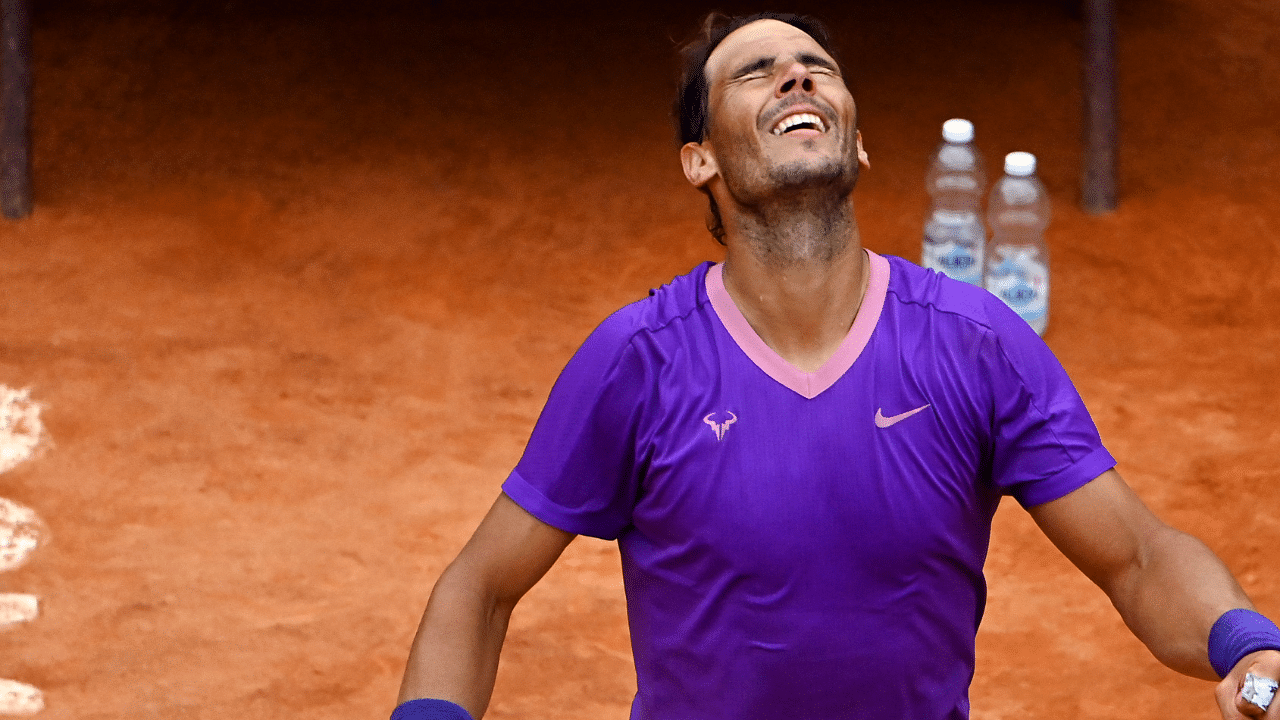  Spain's Rafael Nadal celebrates after winning his tennis match against Germany's Alexander Zverev. Credit: AFP Photo