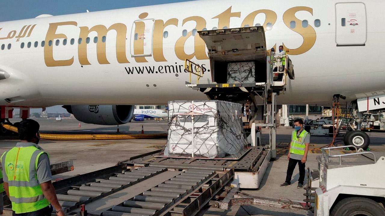  A plane carrying 25,600 vials of Remdesivir for Covid-19 patients, arrives in Mumbai. Creidt: PTI Photo