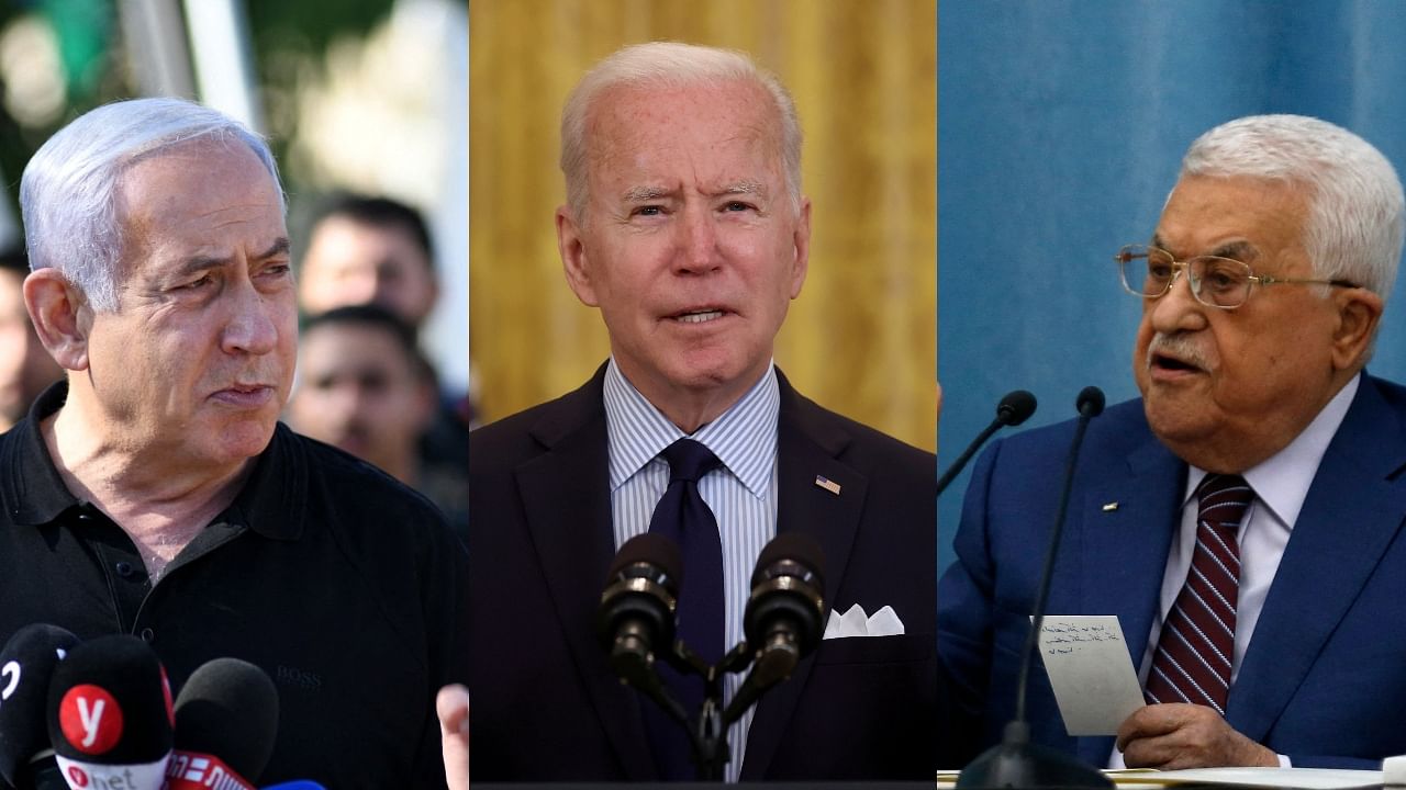 Israel President Benjamin Netanyahu (L), US President Joe Biden (C), and Palestine President Mahmoud Abbas. Credit: AFP Photos