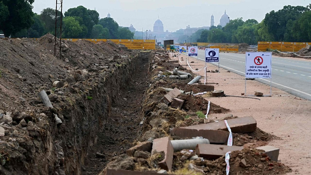 The site of a redevelopment work of the Central Vista Avenue by Central Public Works Department (CPWD) is pictured along the Rajpath road in New Delhi. Credit: AFP File Photo