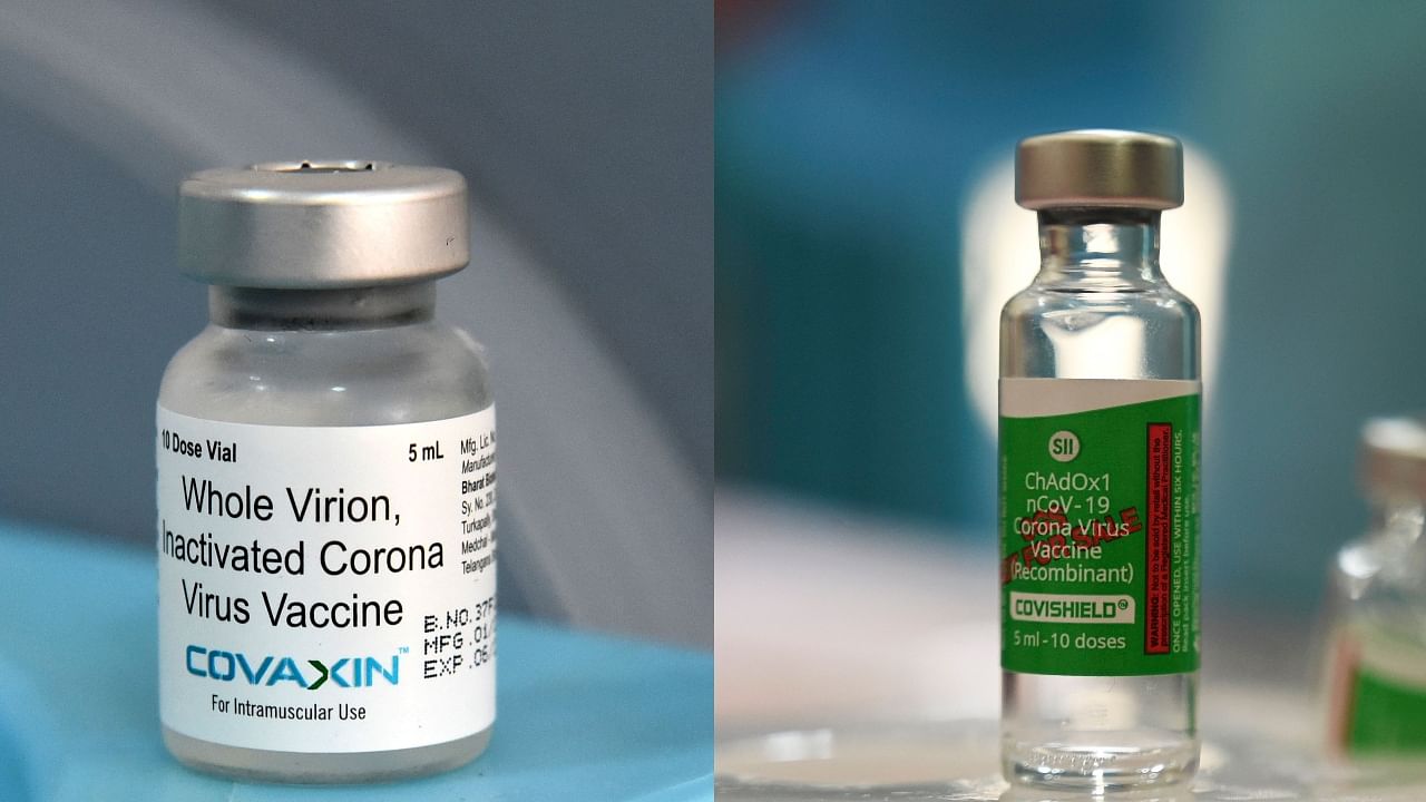 Vials of Bharat Biotech's Covaxin (L) and SII's Covishield. Credit: AFP File Photos