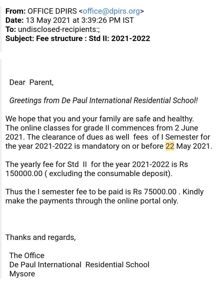 A copy of a letter, from a private school, setting a deadline to pay the fees.