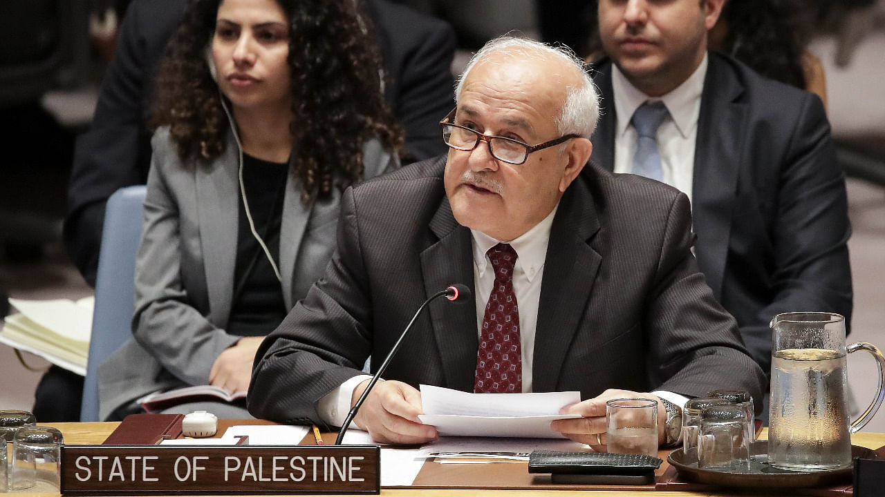 Permanent Observer of Palestine to the United Nations Riyad Mansour speaks during a United Nations Security Council meeting at UN Headquarters. Credit: AFP Photo