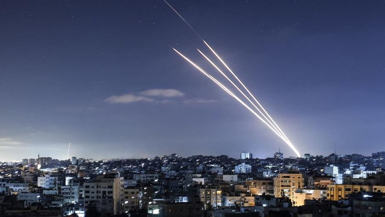 Rockets are launched towards Israel from Gaza City, controlled by the Palestinian Hamas movement, on May 18, 2021. Credit: AFP Photo