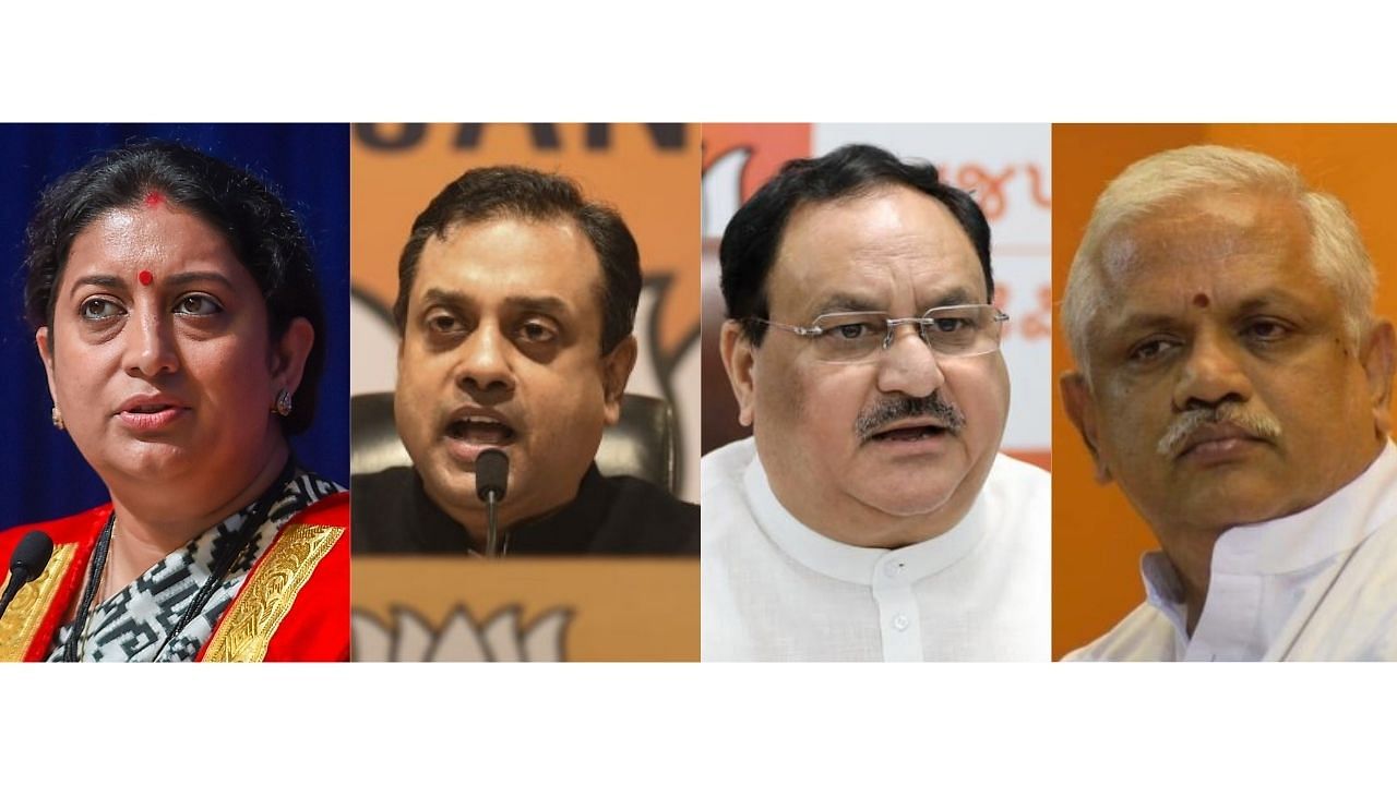 BJP leaders J P Nadda, B L Santosh, Smriti Irani and Sambit Patra. Credit: PTI Photos/Twitter Photo/@blsanthosh