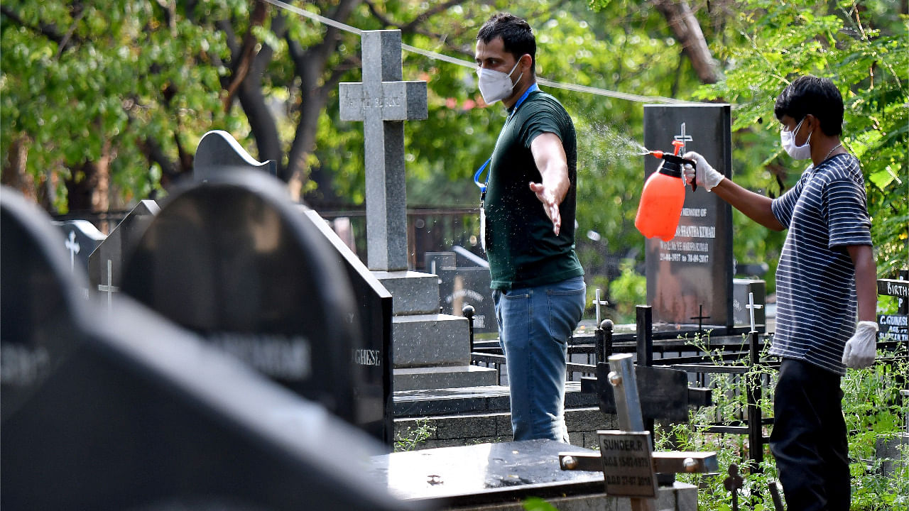 Akshay Mandlik, 37, a professor and a volunteer, gets himself sanitized after carrying the body of a person, who died from Covid-19 for burial at a cemetery in Bengaluru, India. Credit: Reuters Photo