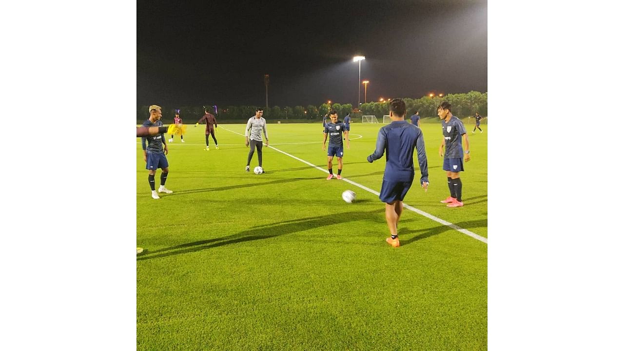 The Blue Tigers during their first training session in Doha after testing negative for Covid-19. Credit: Twitter/@IndianFootball