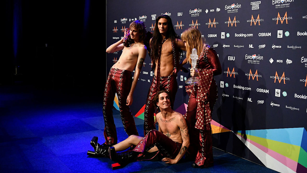Maneskin of Italy pose with the trophy following a news conference after winning the 2021 Eurovision Song Contest, in Rotterdam, Netherlands. Credit: Reuters Photo