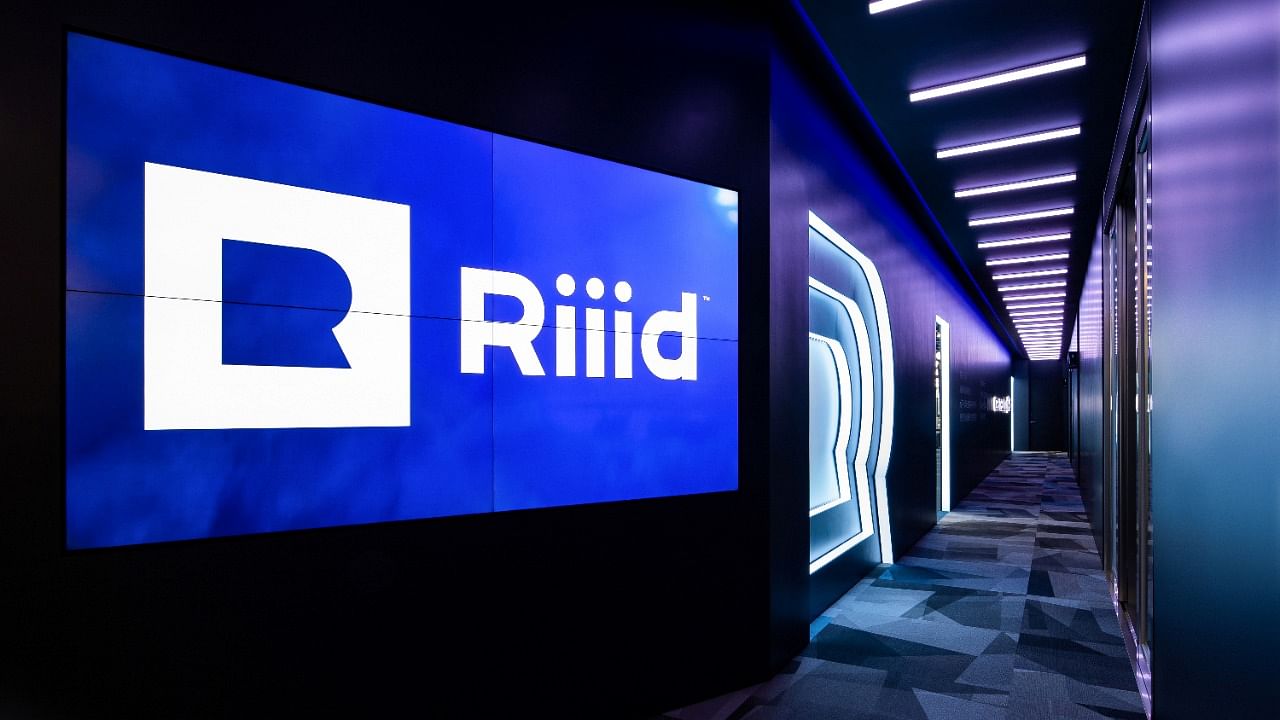 Logo of South Korean AI education technology startup Riiid is displayed in the hallway of the company's headquarters in Seoul, South Korea in this undated February 2021 handout photo. Riiid/Reuters Photo