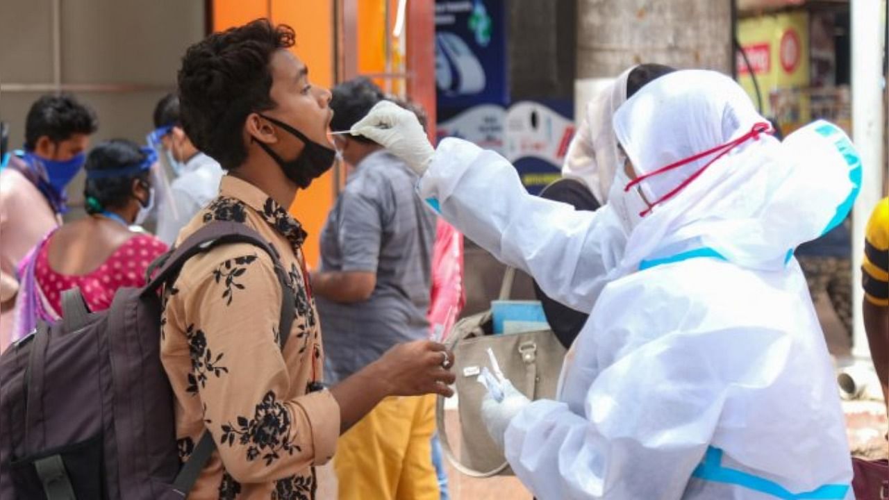 A medic collects a sample for Covid-19 testing in Bengaluru on Tuesday. Credit: PTI Photo