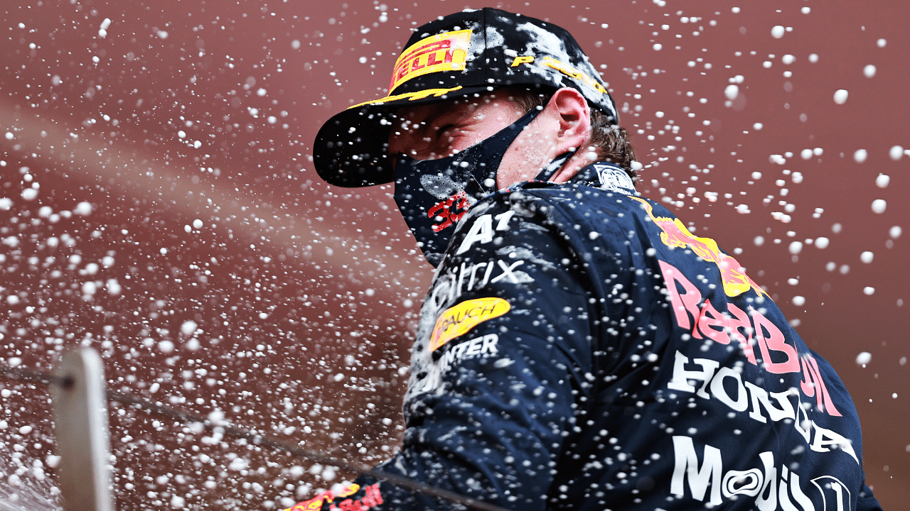Max Verstappen enjoys the champagne spray after winning the Monaco Grand Prix on Sunday. Credit: Getty Images/ Red Bull Content Pool Photo
