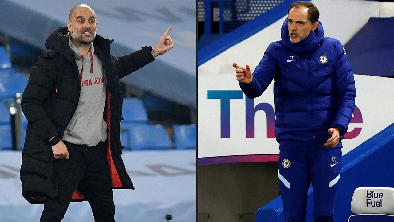 Manchester City's Spanish manager Pep Guardiola (L)  and Chelsea's German head coach Thomas Tuchel. Credit: AFP Photo