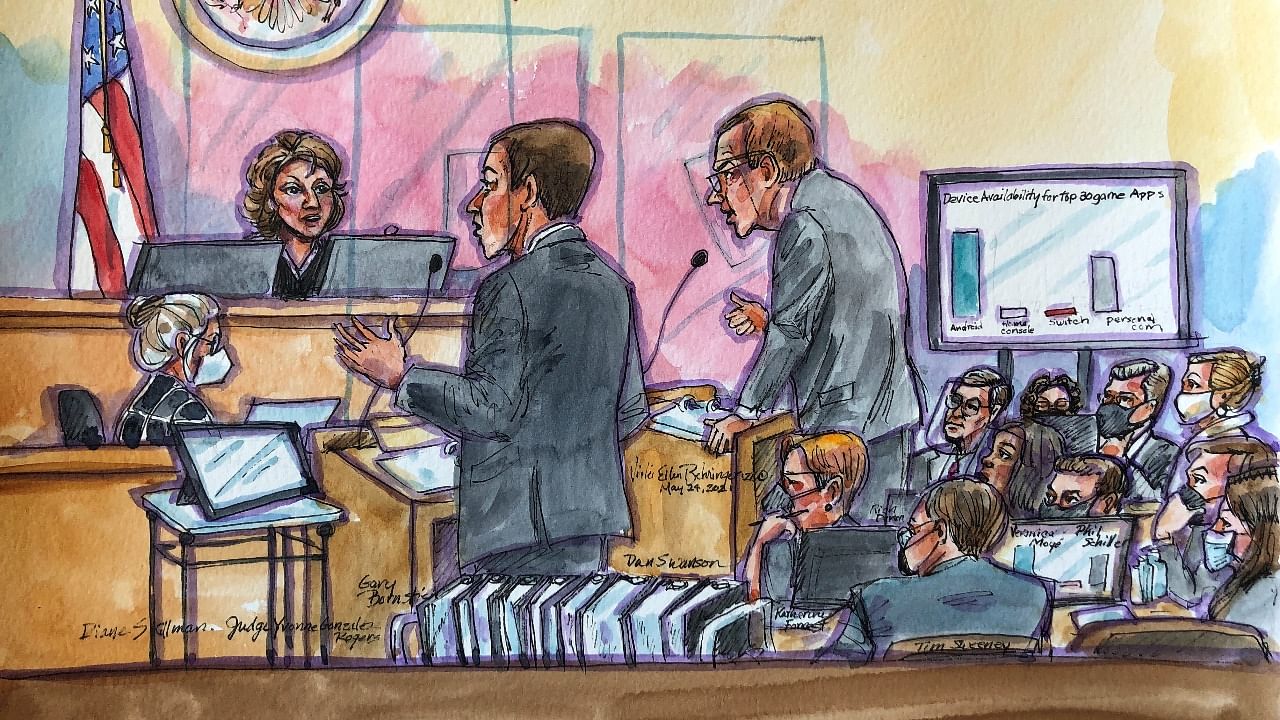 Lawyers from Apple and Epic speak with Judge Yvonne Gonzalez Rogers during a weeks-long antitrust trial at federal court in Oakland, California, U.S. May 24, 2021 in this courtroom sketch. Credit: Reuters Photo