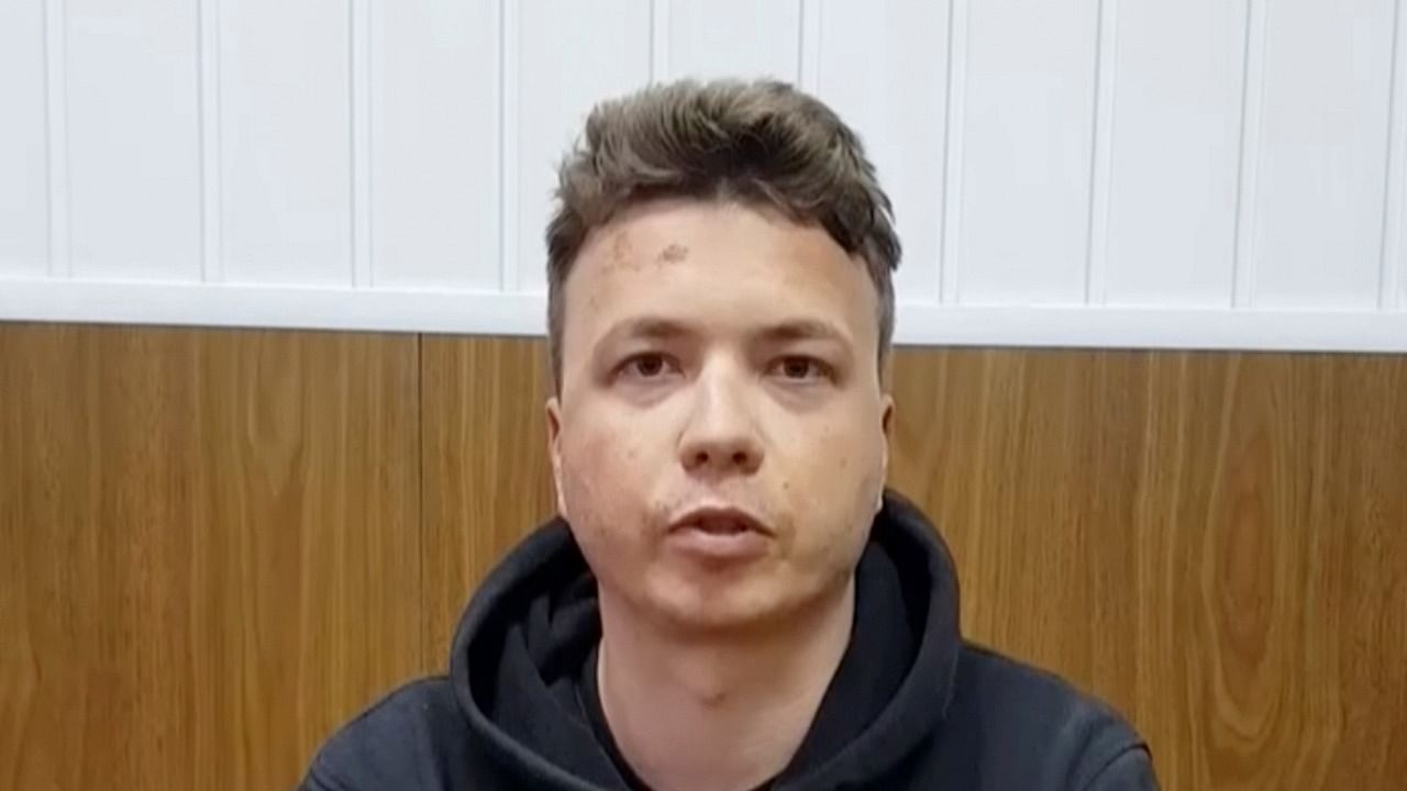Belarusian blogger Roman Protasevich, detained when a Ryanair plane was forced to land in Minsk, appears in video. Credit: Reuters Photo/Telegram@Zheltyeslivy/Reuters TV