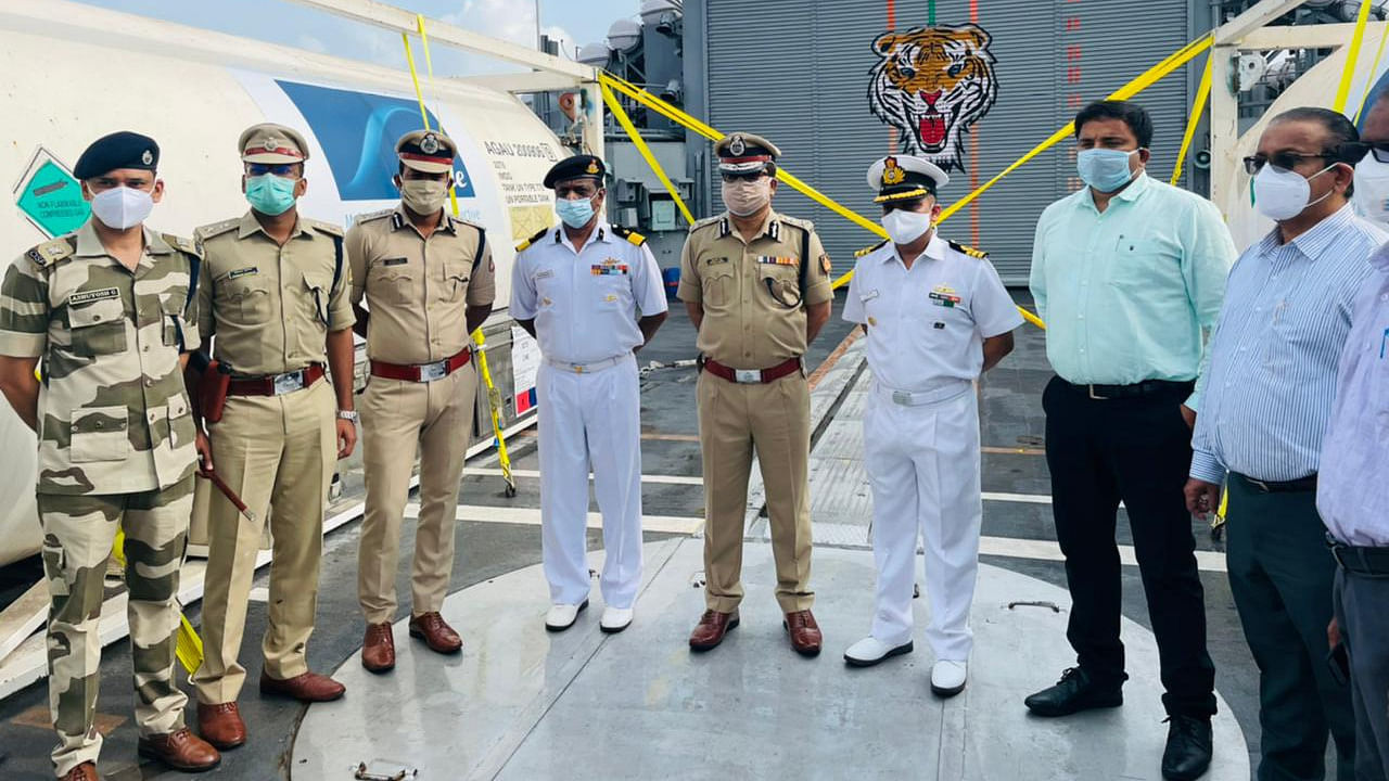 DK DC Dr Rajendra K V, City Police Commissioner N Shashi Kumar and others on board of INS Shardul which arrived in New Mangalore Port on Tuesday. Credit: Special Arrangement