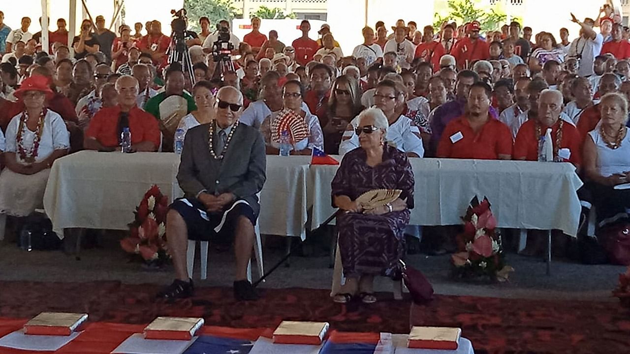 Makeshift swearing-in ceremony of Samoa's first woman prime minister. Credit: AFP Photo