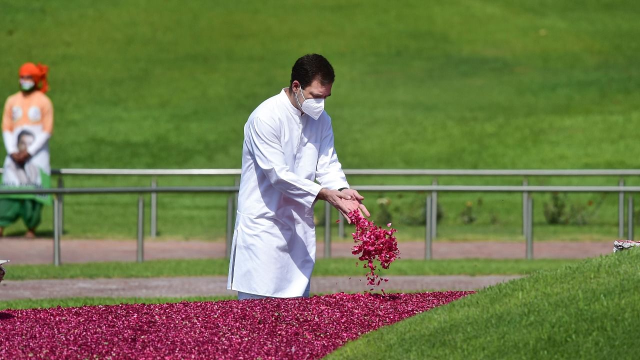 Congress leader Rahul Gandhi also paid floral tributes to Nehru at his memorial Shanti Van this morning. Credit: PTI Photo