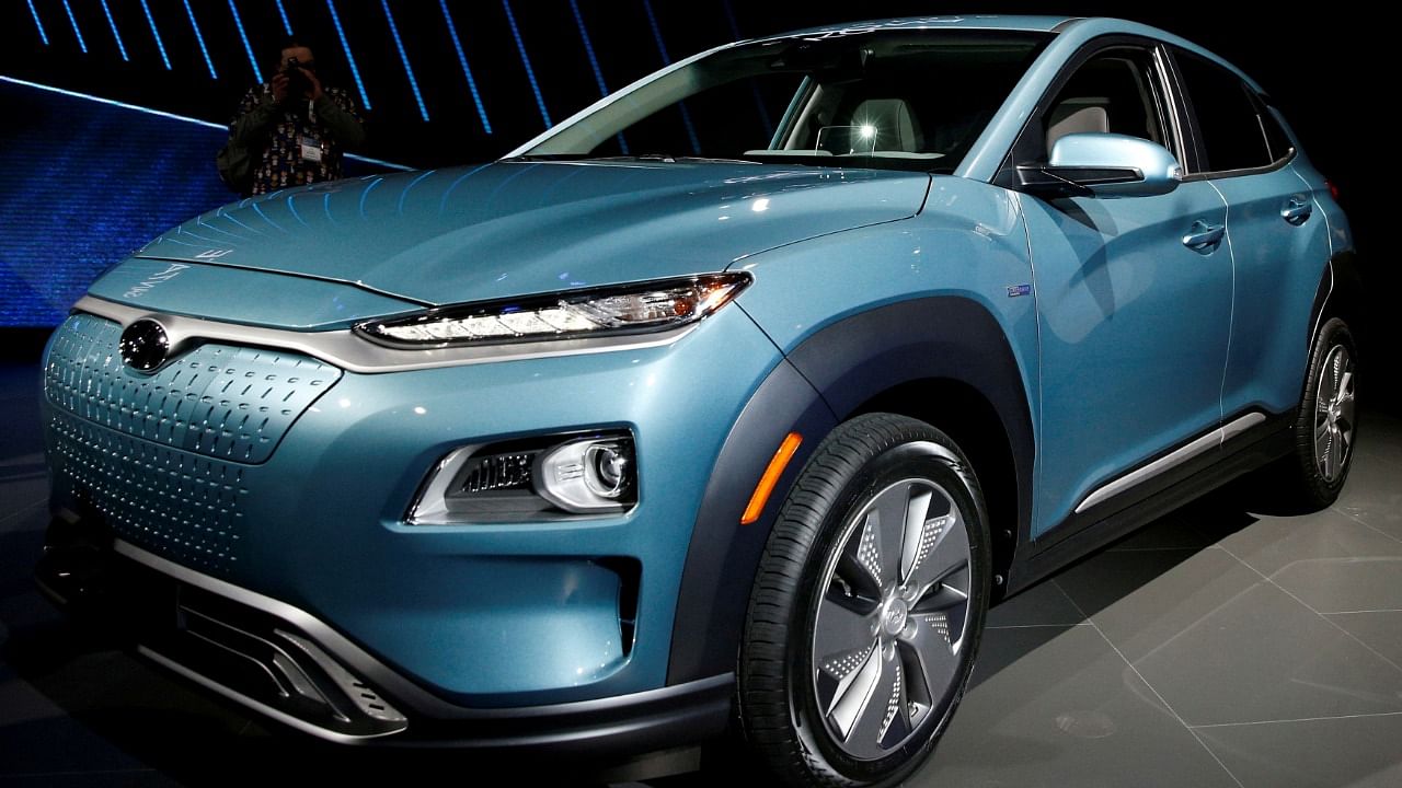 2019 Hyundai Kona Electric vehicle is displayed at the New York Auto Show in New York. Credit: Reuters file photo