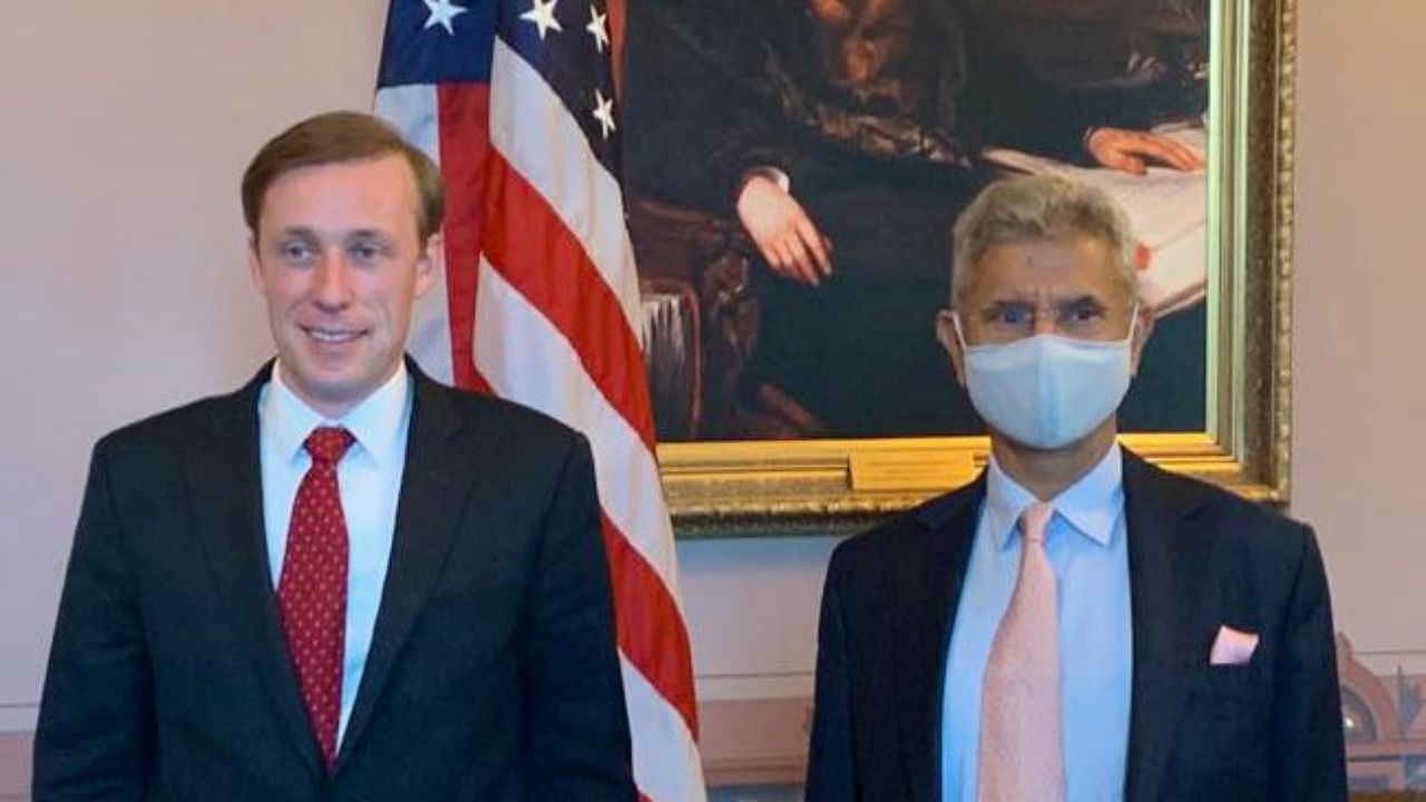 External Affairs Minister S Jaishankar (right) with US NSA Jake Sullivan. Credit: Twitter/@DrSJaishankar