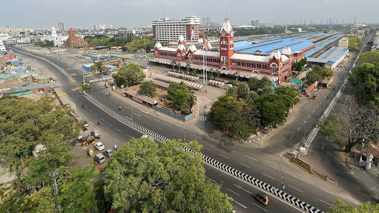A city street wears a deserted look during Covid-induced lockdown, in Chennai. Credit: PTI File Photo